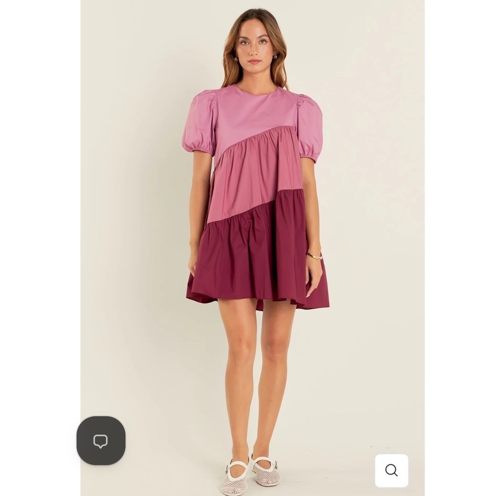 English Factory Asymmetrical Colorblock Puff Sleeve Dress Pink Orchid Medium